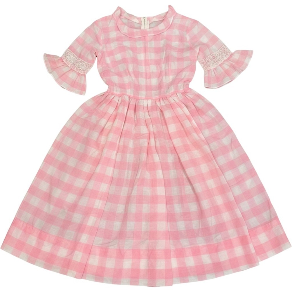 Vintage 1960s Pink Gingham Sheer Dress Handmade Lace Bell Sleeve Prairie Cottage
